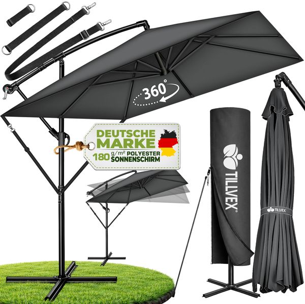 tillvex® Alu Sonnenschirm Rechteckig Ø 330 cm Anthrazit + Abdeckung mit Kurbel | Ampelschirm Eckig mit Ständer & Windschutz | Gartenschirm UV-Schutz Aluminium | Kurbelschirm Marktschirm wasserdicht 360° drehbar