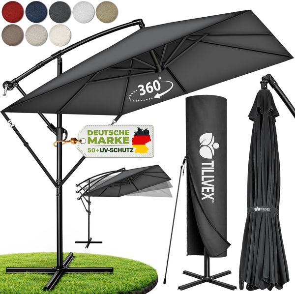 tillvex® Alu Sonnenschirm Rechteckig Ø 330 cm Anthrazit + Abdeckung mit Kurbel | Ampelschirm Eckig mit Ständer & Windschutz | Gartenschirm UV-Schutz Aluminium | Kurbelschirm Marktschirm wasserdicht 360° drehbar