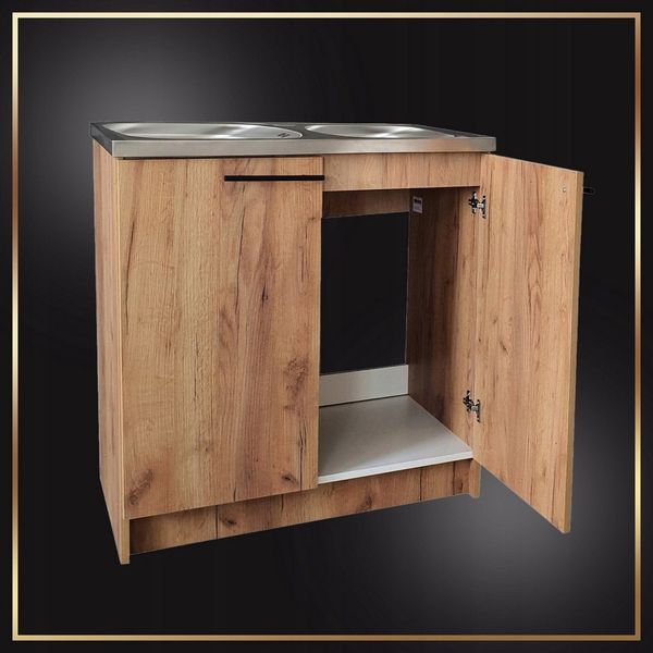 STAMAR Spülenschrank Küchenschrank 80cm Goldene Eiche Spüle 2 Kammer Dreharmatur Chrom XXL Standschrank 49cm Tiefe Edelstahl Doppelspüle Geschirrspüler Komplett