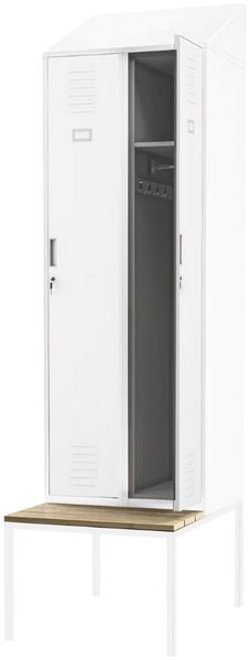 Umkleideschrank Spind mit Sitzbank KACPER - 2 Abteile, Etikettenhalter Lüftungsschlitze | Umkleidespind Metall Schließfachschrank Kleiderspind, 229,5x60x85cm Weiß