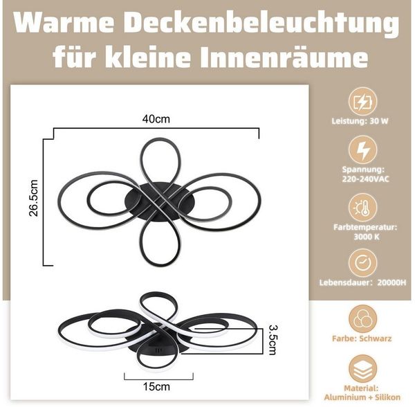Nettlife LED Deckenleuchte Modern Schwarz Dimmbar Wohnzimmer 65W 40/66/80/100CM deckenlampe, Nicht dimmbar, LED fest integriert, Warmweiß, Schlafzimmer, Wohnzimmer, Büro, Arbeitszimmer, Küche
