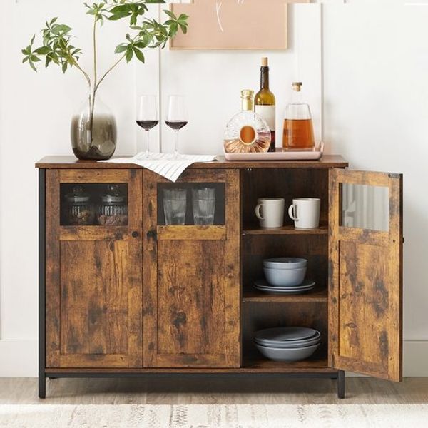 Vasagle Küchenschrank mit Glastüren, Stahlrahmen vintagebraun-schwarz, LSC099B01, 75 x 35 x 100 cm