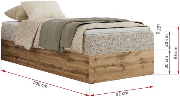 Boxspringbett, Einzelbett WOOD ZERO 90 x 200 cm, Hotelbett ohne Kopfteil, Bett mit Stauraum, 7-Zonen Multipocket-Matratze - Beige Strukture - H3 - Topper Visco Bild 6