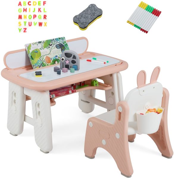 Kindertisch- und Stuhlset Kunsttisch und Stuhl für Kleinkinder mit aufklappbarem Bücherregal Rosa