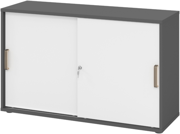 bümö Schiebetürenschrank 2OH - Aktenschrank abschließbar, Sideboard Schrank mit Schiebetüren in Graphit/Weiß, Streifengriff - Büroschrank aus Holz mit Schiebetür, Büro Kommode für Ordner & Co, 1752S-G-W-SG
