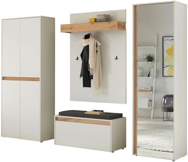 Home affaire Garderoben-Set City/Giron, moderne Garderobe, viel Stauraum, ca. 40 Schuhe, (Set, 4-St), enthält Schrank mit Spiegel, Schuhschrank, Paneel &Bank inkl. Kissen
