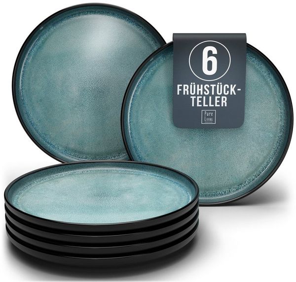 Steingut Frühstücksteller 6 Pers. Ibiza Hochwertiges Mediterranes TEST SEHR GUT Dessertteller Set - Kuchenteller spülmaschinen- und kratzfest - Kleine Teller, Salatteller Pure Living in Petrol
