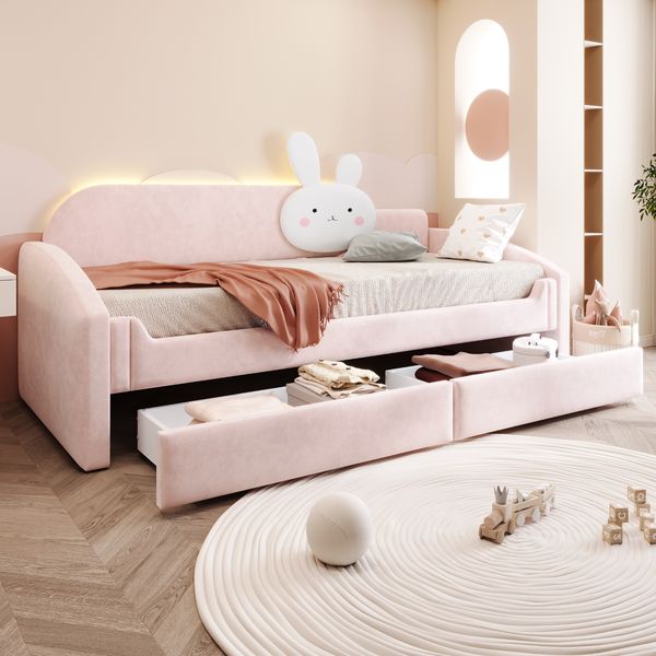 Merax Daybett Rückenlehne mit Hasenkissen, Polsterbett Kinderbett 90x200cm mit 2 Schubladen und LED-Beleuchtung, Rosa
