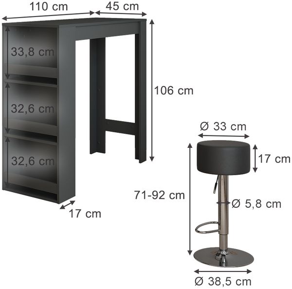 Bartisch-Set Repose Anthrazit 45 x 110 cm mit 2 Barhockern Vicco Bild 2