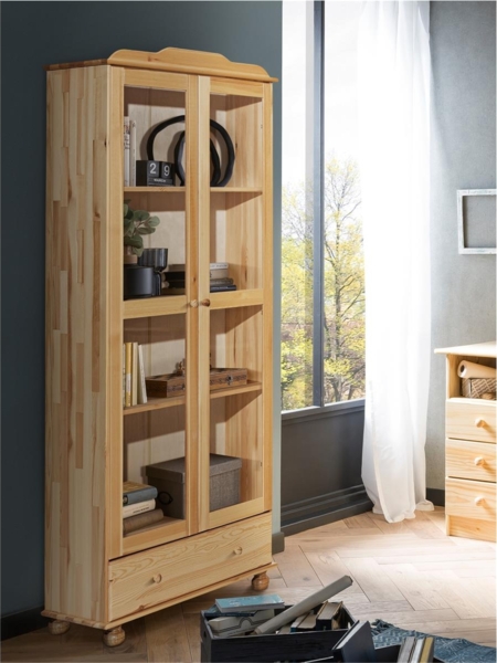 Vitrine 85 x 36 x 189 cm aus massivem Kiefernholz Natur 2 Türig mit Schublade Bild 4