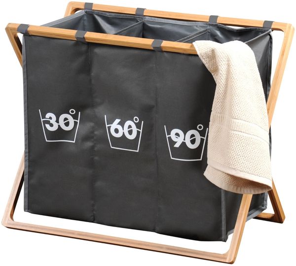 KESPER Wäschesortierer 19597 mit Rahmen aus Bambus und 3 Fächern / Wäschesammler / Waschsack