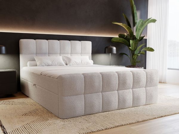 GRAINGOLD Alicante Doppelbett 200x200, Boxspringbett mit gepolstertes Kopfteil, zwei Bettkästen, Bouclé-Stoff, Hellgrau