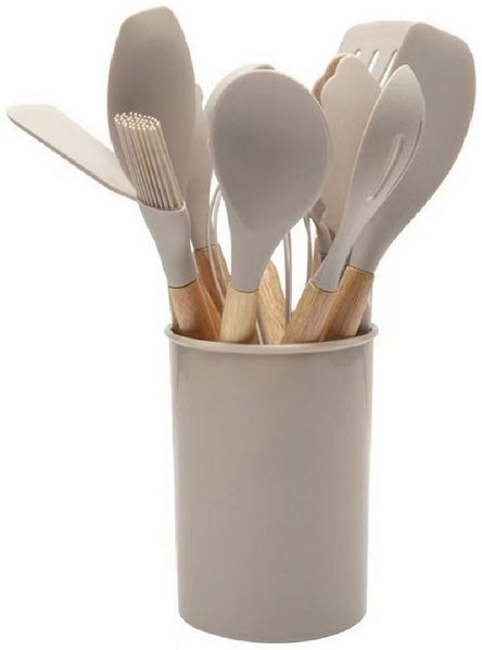 OKWISH Kochbesteck-Set 12er Küchenutensilien Set Küchenhelfer Kochgeschirrset (mit Hitzebeständigem Holzgriff und Aufhängeschlaufe, 12-tlg, Kochbesteck, Silikon und Holz), BPA-frei für Kochen Braten Schöpfen Mischen und Backen usw
