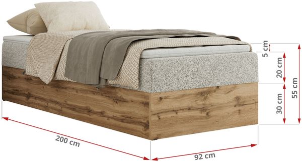 Boxspringbett, Einzelbett WOOD ZERO 90 x 200 cm, Hotelbett ohne Kopfteil, Bett mit Stauraum, 7-Zonen Multipocket-Matratze - Hellgrau Strukture - H3 - Topper Visco Bild 6