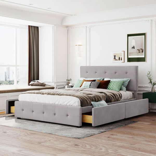 Polsterbett 140 x 200 cm, Doppelbett mit Schubladen, Lattenrost und Rückenlehne, Hautfreundliches Doppelbett aus Samtstoff für Erwachsene und Jugendliche, Grau Matratze nicht enthaltet