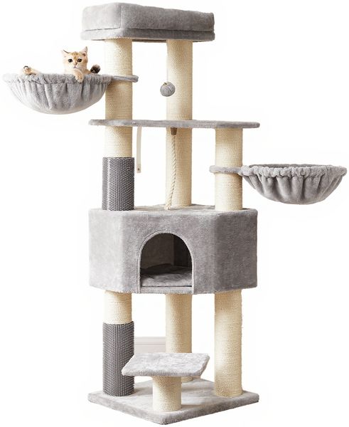 FEANDREA Kratzbaum, mit selbstwärmenden Decken, Katzenbaum, 2 Katzenbürsten, große Plattformen, grau-weiß