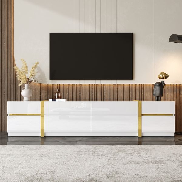 TV-Schrank 180x40x38 cm in Weiß Hochglanz, 4 Schubladen, 2 Türen, goldfarbene Details
