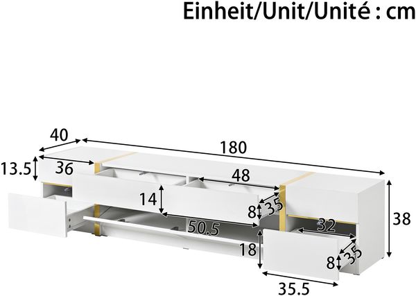 TV-Schrank 180x40x38 cm in Weiß Hochglanz, 4 Schubladen, 2 Türen, goldfarbene Details Bild 5
