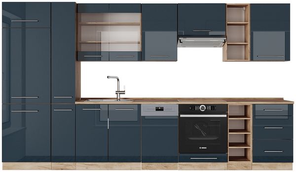 Küchenzeile Fame-Line Dunkelblau Hochglanz/Goldkraft Eiche 355 cm ohne Arbeitsplatte Vicco