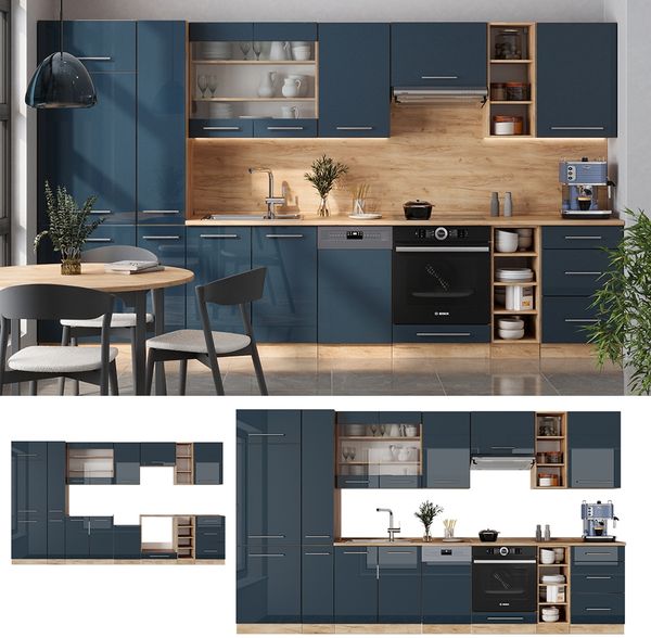 Küchenzeile Fame-Line Dunkelblau Hochglanz/Goldkraft Eiche 355 cm ohne Arbeitsplatte Vicco Bild 2