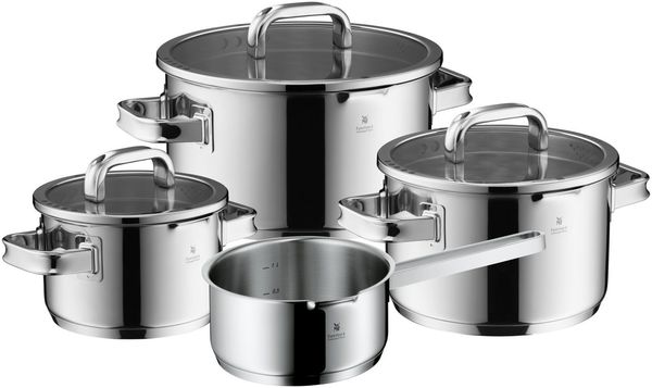 WMF Topf-Set Function 4 Advanced Top-Set, 4-teilig, Cromargan Edelstahl poliert (Induktionstöpfe, 4-tlg, Glasdeckel mit 4 Abgießfunktionen), Innenskalierung