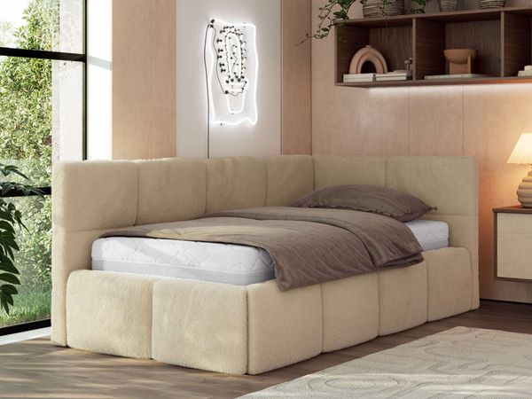 Jugendbett 90x200 ARVO Polsterbett mit Bettkasten, Stauraum & Gasdruckfeder, Modernes Design mit Kopfteil, Multipocket Matratze - Beige Plüsch - ELORI LUX - Rechts Seite