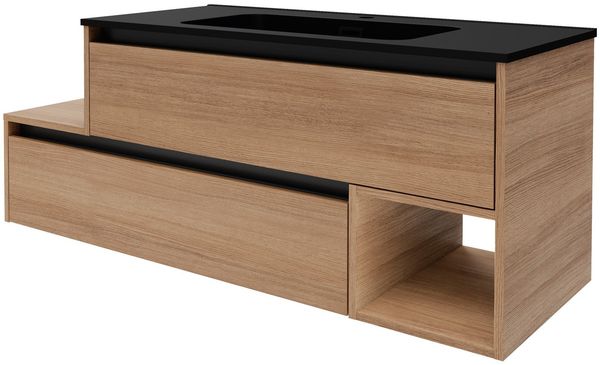 FACKELMANN VITA Waschbecken mit Unterschrank 129 cm breit, Braun hell, Waschbecken Gussmarmor Schwarz matt, Ablage links, asymmetrisch