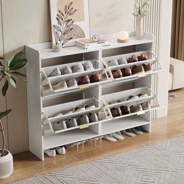 Kommode 110x24x90 cm, Schuhschrank mit Klappfächern und ausziehbarem Fach, weiß