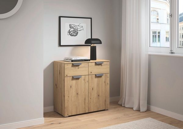 rauch Kombikommode Sideboard Schubladenkommode COSTA mit farblich passenden Metallgriffen (in 2 Griff-Farben, Breite 80 cm), mit 2 Schubladen und 1 verstellbaren Einlegeboden MADE IN GERMANY