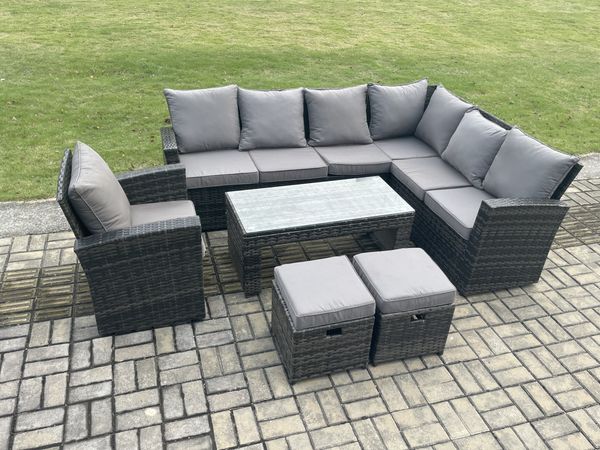 Fimous 9 Seat Outdoor Gartenmöbel-Set Ecksofa Set Outdoor Terrassen Sofa Tisch Set mit 2 kleine Fußhockern Sesseln Dunkelgrau gemischt