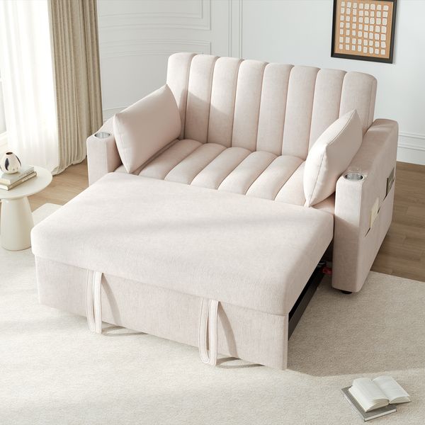 Sofa Sitzfläche 136*162*84 cm, Beige, Baumwoll-Leinenstoff, Schlaffunktion mit 3‑Stufen‑Rückenlehne