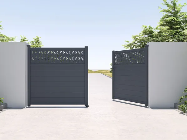 Vente-unique - BAZIO Eingangstor Metall Grau - B 4,6 cm x H 176 cm x L 350 cm