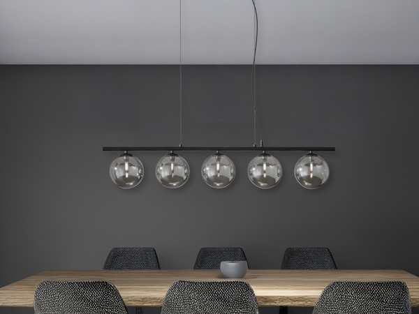 LED Pendelleuchte 5-flammig Schwarz-Glaskugeln Rauchglas, Breite 100cm