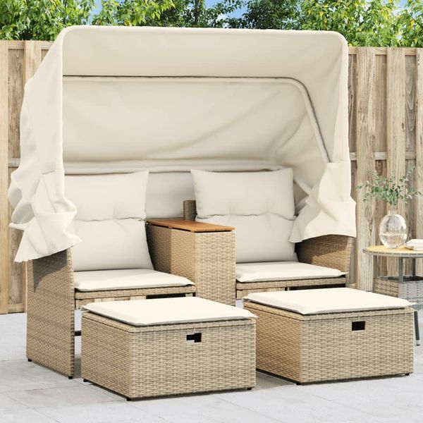 vidaXL Gartensofa 2-Sitzer mit Dach und Hockern Beige Poly Rattan 365802
