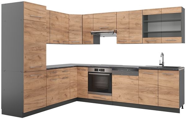 Eckküche Fame-Line Goldkraft Eiche/Anthrazit 287 x 60 cm , AP Anthrazit Vicco