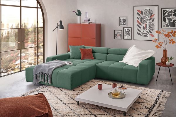 KAWOLA Sofa RENO Ecksofa Feincord grün mit motorischem Sitzvorzug Longchair links 68 x 217 x 258 cm