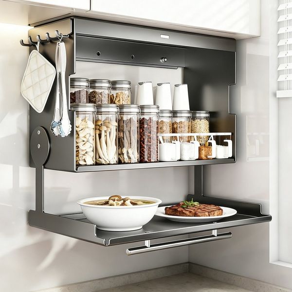 BlingBin Küchenregal Wandschrank Organizer mit Klapptür, Metall-Hängeschrank - 40 x 19 x 29 cm, 1er Set, Tragfähigkeit: 25 kg, Flip-Top-Design für Besteck, Geschirr & Utensilien 1-tlg, Küchen-Gewürzregal für Speisekammer, Essbereich & Küchen, Grau