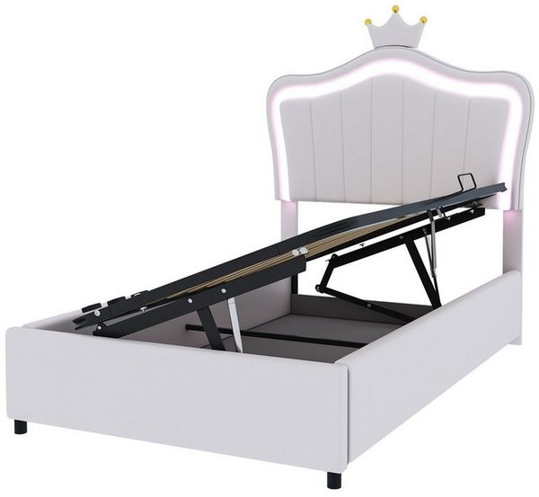 BlingBin Polsterbett Bett Kinderbett Polsterbet Gästebett (1er Set, 1-tlg, mit Kronendesign und LED-Beleuchtung – Hydraulisches Stauraumbett), Höhenverstellbares Kopfteil, 90 x 200 cm, Ohne Matratze