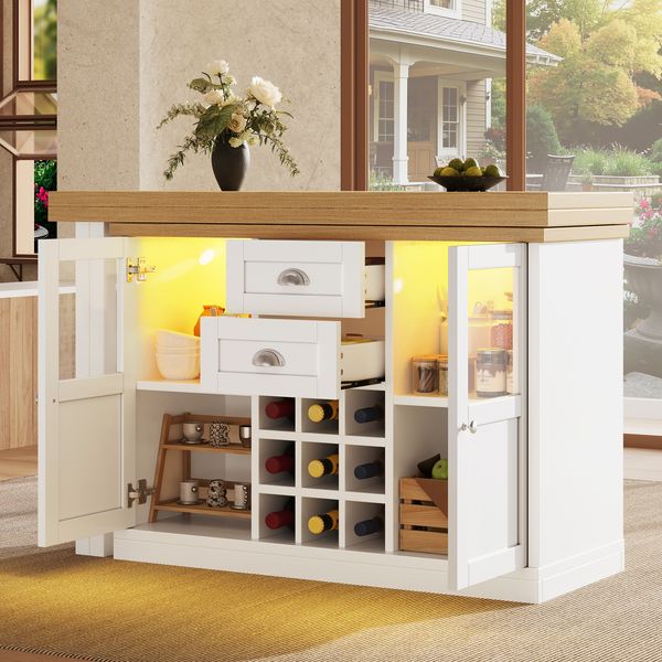 Merax Ausziehbarer Esstisch mit 3-farbiger LED-Beleuchtung, 120-197cm, 360° drehbar, mit Stauraum & Weinregal, Weiß, belastbar bis 60kg