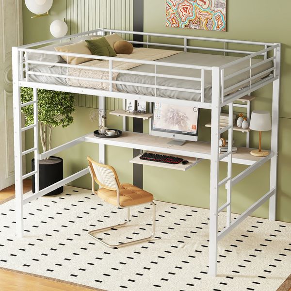 Merax Hochbett 140x200cm, Kinderbett, Metallbett, Eisenbett, mit Schreibtisch und zwei Bücherregalen für Kinder, Jugendliche und Erwachsene, Weiß
