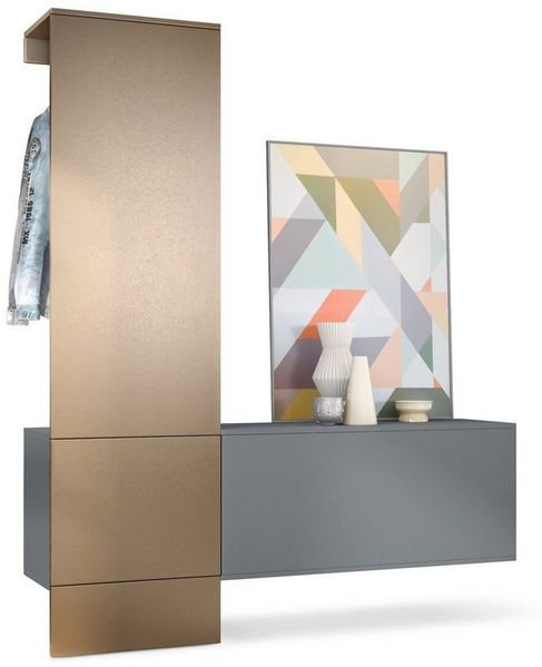 Garderobe Carlton Set 4, Wandgarderobe aus Deko-Paneel & Hängeschrank für Schuhe, Anthrazit matt/Bronze Optik (156,5 x 193 x 35 cm)