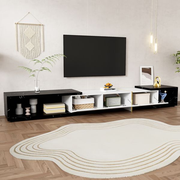 Moderner TV-Schrank (140-260 cm) in schwarzer Marmoroptik mit weißem Hochglanz und goldenen Akzenten, 140-260x40x30cm