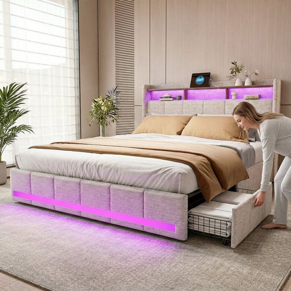 PXloue Polsterbett 180x200 cm LED Doppelbett, mit USB-Laden und Stauraum am Kopfteil,Leinen,180x200 cm