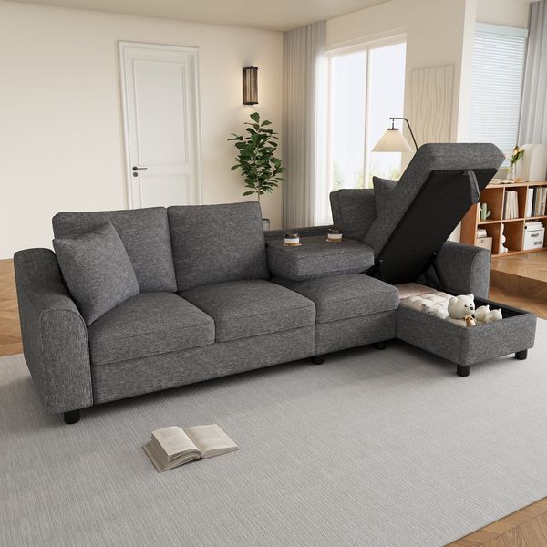 Merax L-Form Sofa, 4-Sitzer + Chaiselongue Ecksofa, 280×136×82cm, Chaiselongue mit aufklappbarem Stauraum, klappbare Rückenlehne mit Getränkehaltern, multifunktionales modulares Sofa, Chenille, Grau