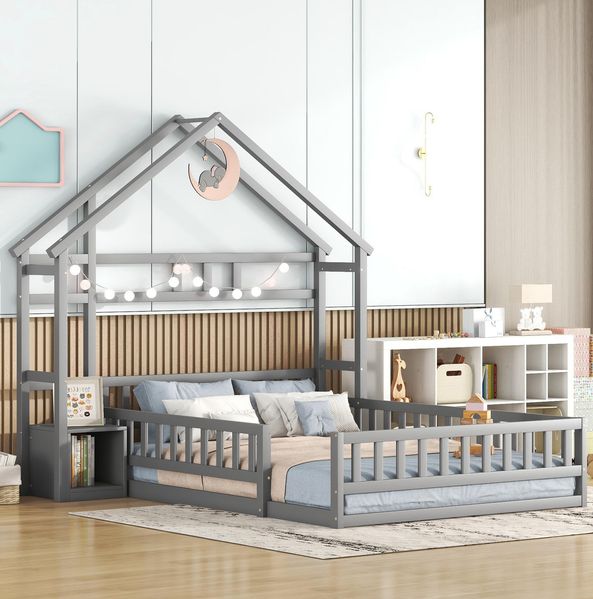 Bett 140x200 cm im Hausdesign mit 31 cm Geländer und Nachttisch – robustes Kiefernholz für Kinderzimmer