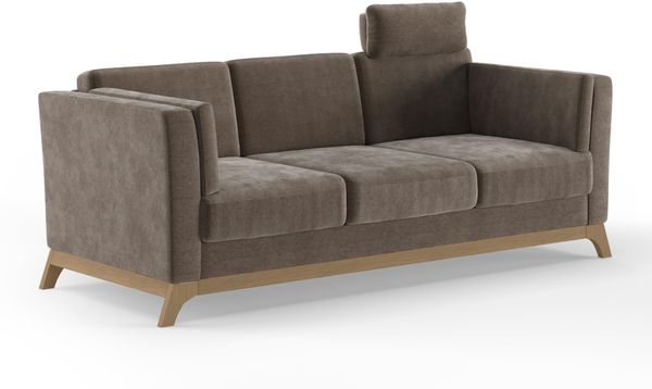 Cavadore 3er-Sofa Vida / 3-Sitzer Couch im trendigen Design mit massivem Holzrahmen in Buche, Kopfstütze mit Kuschelkissen / 213 x 84 x 93 / Mikrofaser, Graubraun