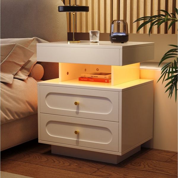 Flieks Nachttisch (1-St), Nachtschrank Nachtkommode 50*40*60cm mit LED-Beleuchtung, 2 Schubladen