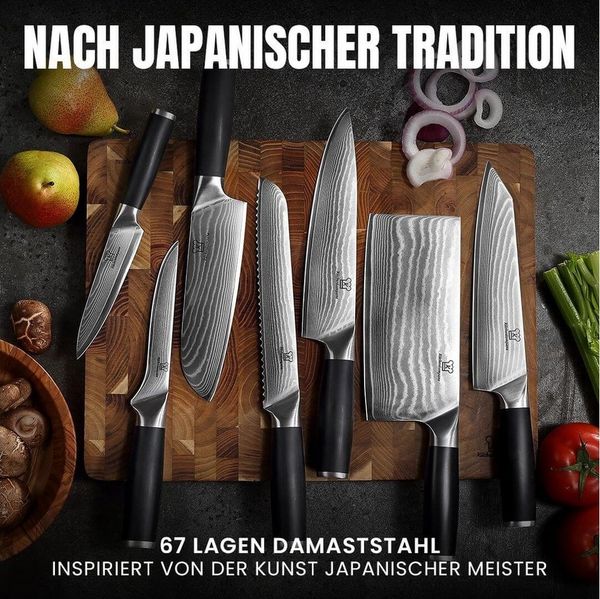 Küchenkompane Messer-Set Küchenkompane 3-tlg. Damast-Messerset Okami inkl. Chefmesser (3-tlg), 3-teiliges Set, 67 Lagen Damaststahl, 62 HRC, Edelstahlgriff