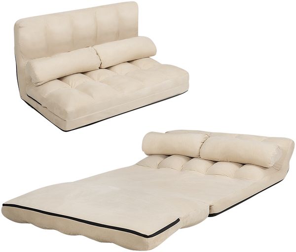 Schlafsofa mit 2 Kissen Sofabett mit 6 Stufig Verstellbarer Rücklehne 180 x 113 x 10 cm Beige