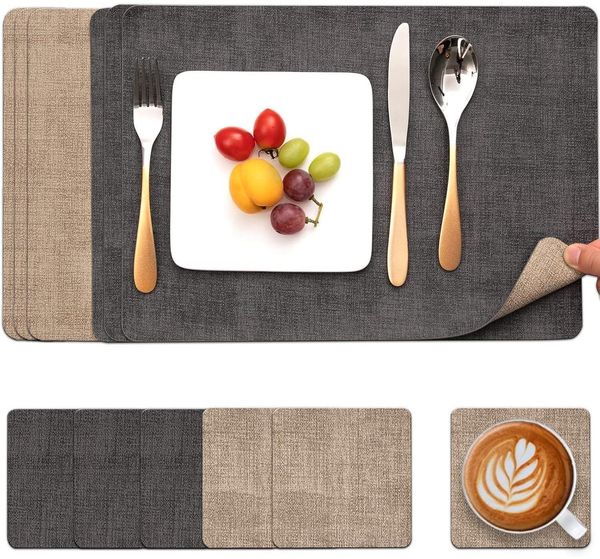 Myir JUN Tischsets Leder Platzdeckchen 6er Set abwaschbar Kunstleder Grau Beige
